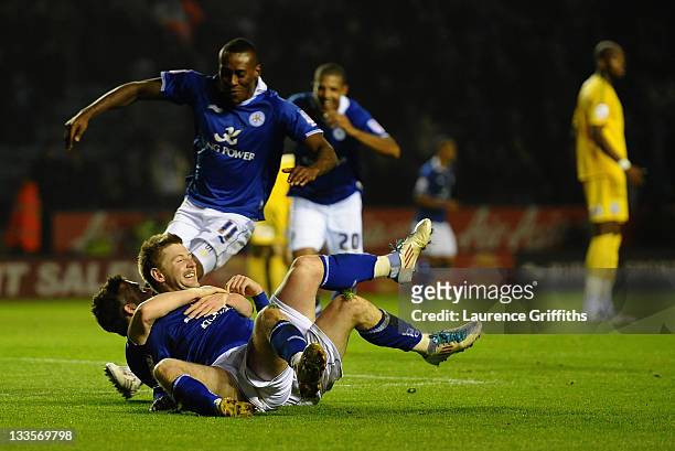 Paul Gallagher of Leicester celebrates the third goal with David Nugent during the npower Championship match between Leicester City and Crystal...