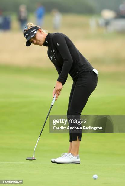 Madelene Sagstrom of Sweden putting on the 16th green during the final round of the AIG Women's Open at Carnoustie Golf Links on August 22, 2021 in...