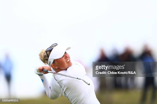 Nanna Koerstz Madsen of Denmark tees off on the seventeenth hole during Day Four of the AIG Women's Open at Carnoustie Golf Links on August 22, 2021...