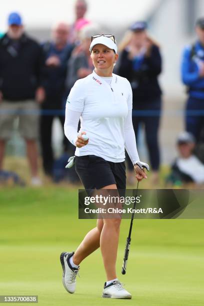 Nanna Koerstz Madsen of Denmark acknowledges the crowd whilst leaving on the seventeenth hole during Day Four of the AIG Women's Open at Carnoustie...