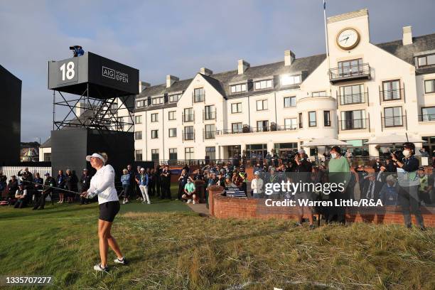 Nanna Koerstz Madsen of Denmark chips onto the eighteenth green during Day Four of the AIG Women's Open at Carnoustie Golf Links on August 22, 2021...