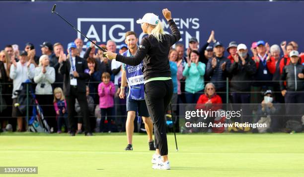 Anna Nordqvist of Sweden on the celebrates 18th green with her caddie during the final round of the AIG Women's Open at Carnoustie Golf Links on...
