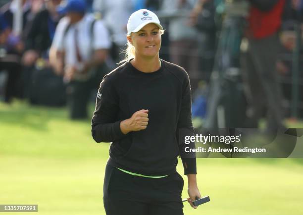 Anna Nordqvist of Sweden on the celebrates 18th green during the final round of the AIG Women's Open at Carnoustie Golf Links on August 22, 2021 in...