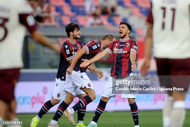 Lorenzo De Silvestri celebrates after scoring a goal during the Serie A match between Bologna FC v US Salernitana at Stadio Renato Dall'Ara on August...