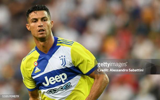 Cristiano Ronaldo of Juventus looks on during the Serie A match between Udinese Calcio v Juventus at Dacia Arena on August 22, 2021 in Udine, Italy.
