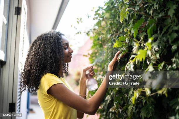 teenager-mädchen, das pflanzen im freien gießt - vertical garden stock-fotos und bilder