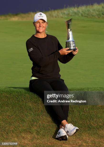 Anna Nordqvist of Sweden celebrates with the winners trophy on the 18th green after the final round of the AIG Women's Open at Carnoustie Golf Links...