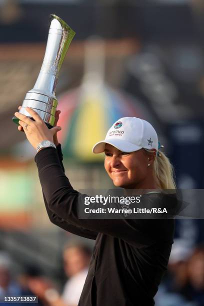 Anna Nordqvist of Sweden lifts the AIG Women's Open trophy during Day Four of the AIG Women's Open at Carnoustie Golf Links on August 22, 2021 in...