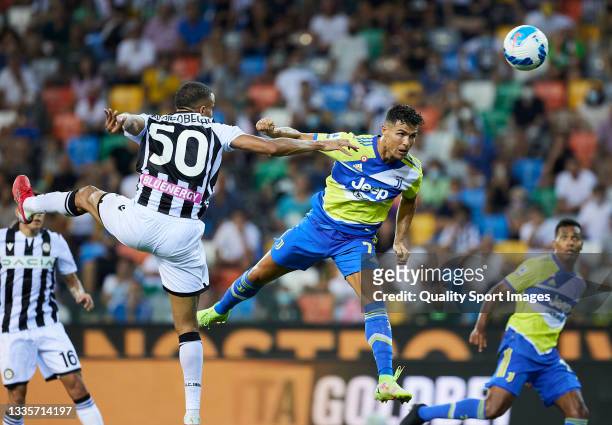 Cristiano Ronaldo of Juventus scores his team's third goal during the Serie A match between Udinese Calcio v Juventus at Dacia Arena on August 22,...