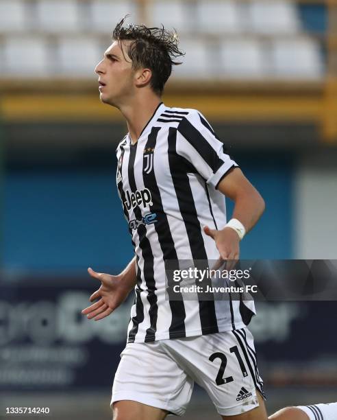 Fabio Miretti of FC Juventus celebrates his goal during the Coppa Italia Serie C match between Pro Sesto and Juventus U23 at Stadio Breda on August...