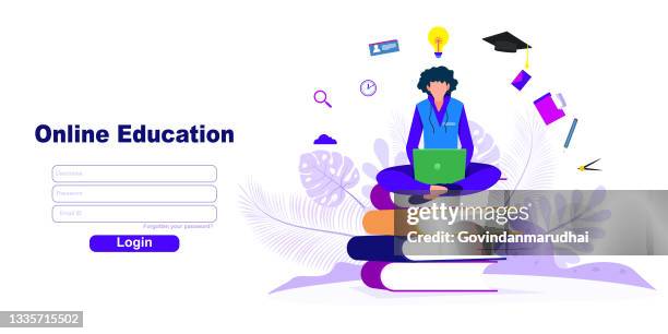 students e-learning by webinar training and listening to businesswoman with charts on laptop. webinar, online video training, tutorial podcast concept - business training materials stock illustrations