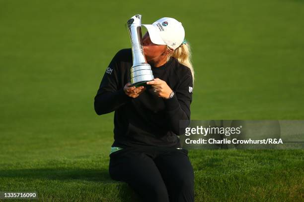 Champion, Anna Nordqvist of Sweden kisses the AIG Women's Open trophy during Day Four of the AIG Women's Open at Carnoustie Golf Links on August 22,...