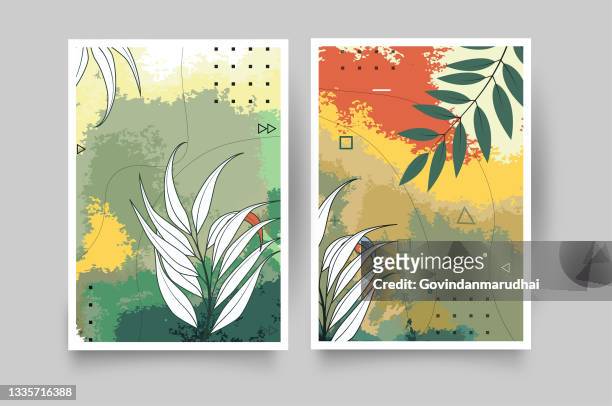 botanical wall art vector set. hand draw template leaves and line art background for paper, foliage line art drawing with abstract shape. abstract plant art design for print, cover, wallpaper, minimal and natural wall art. - wall hanging stock illustrations