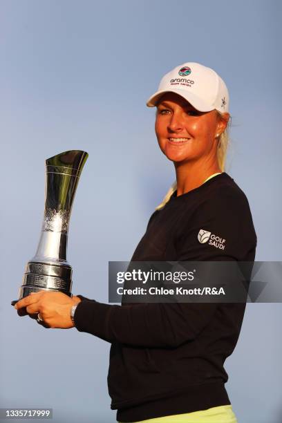 Champion, Anna Nordqvist of Sweden poses with the AIG Women's Open trophy during Day Four of the AIG Women's Open at Carnoustie Golf Links on August...