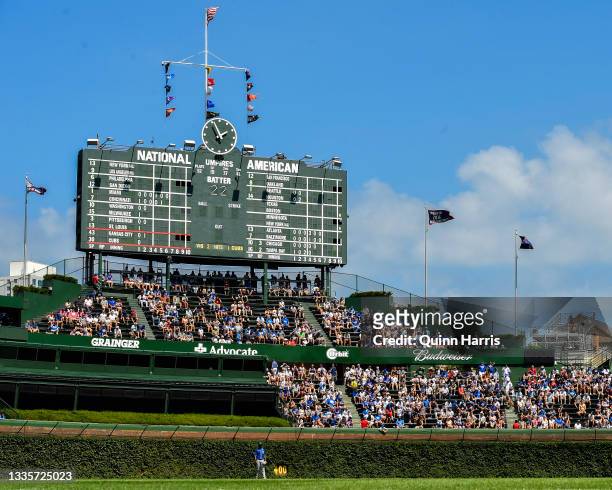 General view of Wrigley Field during the second inning of the game between the Chicago Cubs and the Kansas City Royals at Wrigley Field on August 22,...