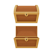 Old wooden and golden chest with opened and closed lid.  Pirate treasure. Vintage trunk.Cartoon style illustration. Vector.