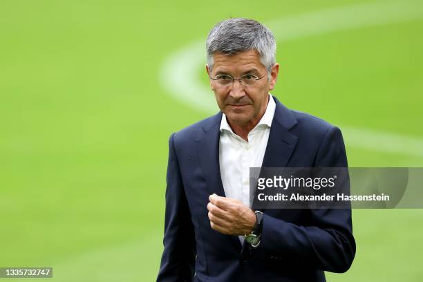 Herbert Hainer, President of FC Bayern München looks on prior to the Bundesliga match between FC Bayern München and 1. FC Köln at Allianz Arena on...