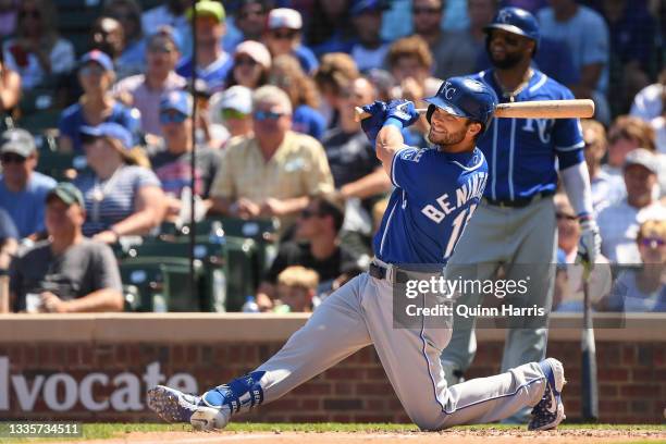 Andrew Benintendi of the Kansas City Royals hits a two run double in the third inning against the Chicago Cubs at Wrigley Field on August 22, 2021 in...