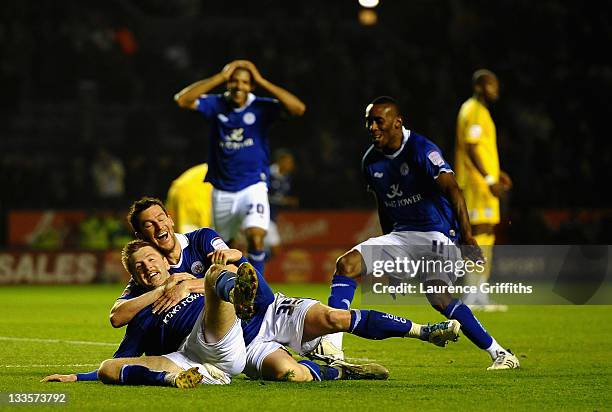 Paul Gallagher of Leicester celebrates the third goal with David Nugent during the npower Championship match between Leicester City and Crystal...