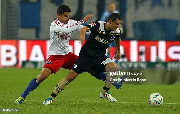 Tomas Rincon of Hamburg and Sejad Salihovic of Hoffenheim battle for the ball during the Bundesliga match between Hamburger SV and 1899 Hoffenheim at...