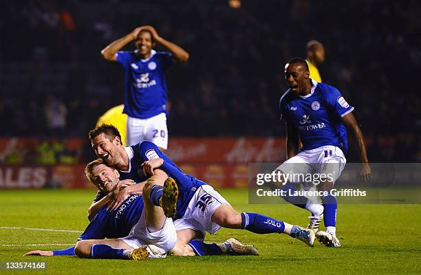 Paul Gallagher of Leicester celebrates the third goal with David Nugent during the npower Championship match between Leicester City and Crystal...