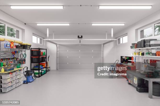 modern garage interior - autobergplaats stockfoto's en -beelden