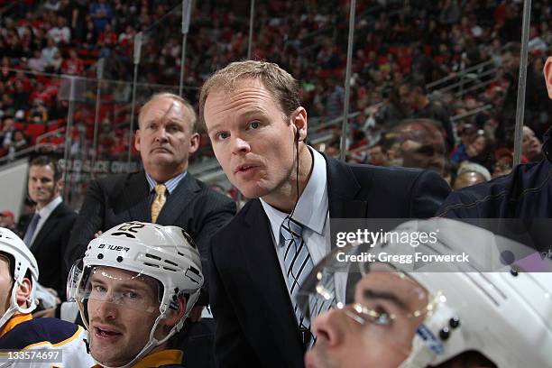 Kevyn Adams assistant coach of the Buffalo Sabres watches action on the ice during an NHL game against the Carolina Hurricanes on November 18, 2011...