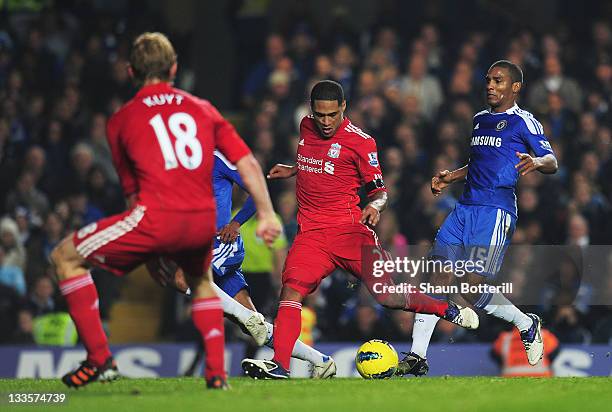 Glen Johnson of Liverpool shoots to score during the Barclays Premier League match between Chelsea and Liverpool at Stamford Bridge on November 20,...