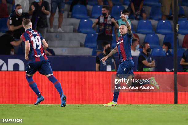 Roger of Levante celebrates after scoring their team's first goal during the LaLiga Santander match between Levante UD and Real Madrid CF at Ciutat...
