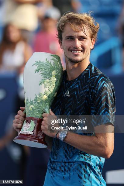 Alexander Zverev of Germany holds the winner's trophy after beating Andrey Rublev of Russia during the men's singles finals of the Western & Southern...