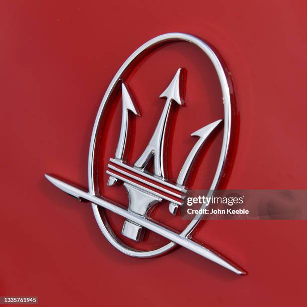 Maserati logo badge at the British Motor Show at Farnborough International, Exhibition and Conference Centre on August 19, 2021 in Farnborough,...