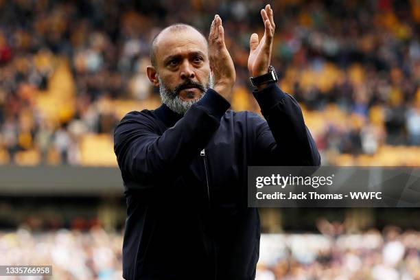 Nuno Espirito Santo, Manager of Tottenham Hotspur shows his appreciation to the fans following the Premier League match between Wolverhampton...