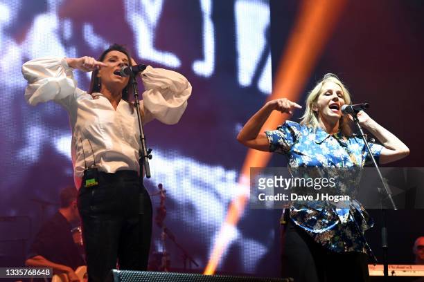 Keren Woodward and Sara Dallin of Bananarama perform during the Rewind South Festival at Temple Island Meadows on August 22, 2021 in...