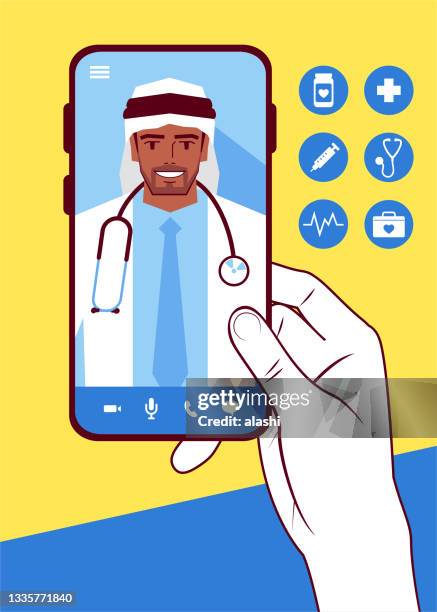 telemedicine helps doctors and patients stay connected during covid-19, the doctor on the smartphone screen talking online with the patient - arabic doctor stock illustrations