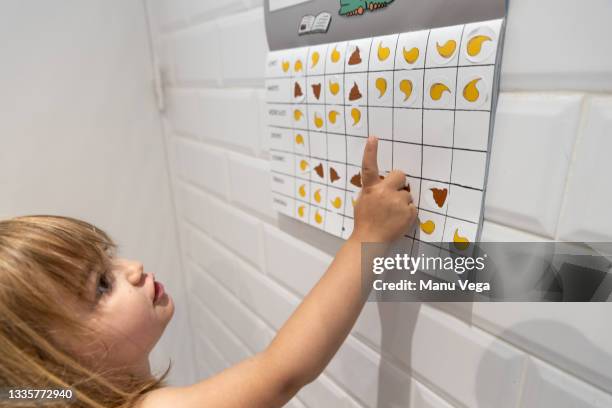 cropped view of a cute blonde little girl looking and pointing at her pee and poop calendar on which she has stuck stickers on the days on which she performed each action. - potty training stock pictures, royalty-free photos & images