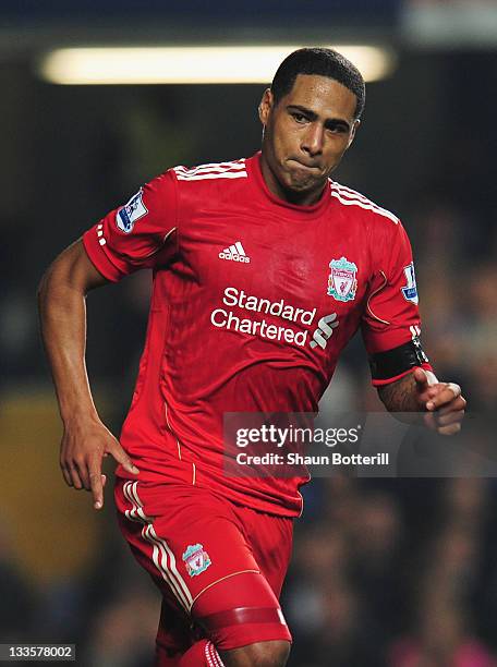 Glen Johnson of Liverpool celebrates his goal during the Barclays Premier League match between Chelsea and Liverpool at Stamford Bridge on November...