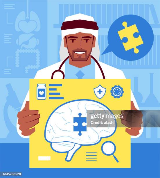 one handsome arabic doctor shows the solution for alzheimer's - arabic doctor stock illustrations