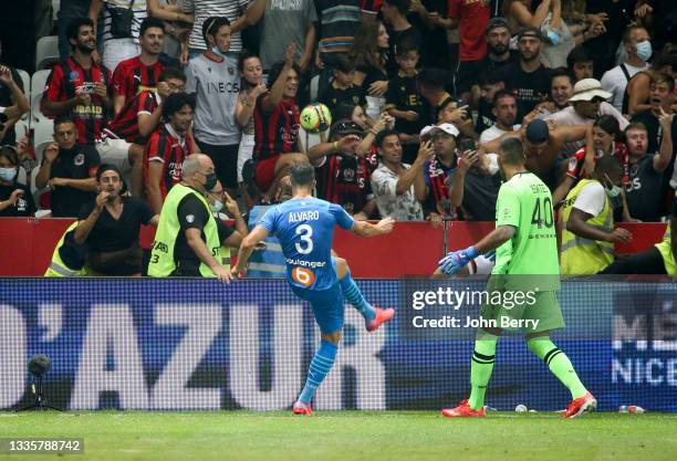 Incidents between the players of Marseille - here Alvaro Gonzalez of OM throwing the ball at the supporters - and the supporters of Nice who enter...