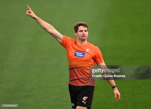 Jesse Hogan of the Giants calls for the ball during a GWS Giants AFL training session at North Port Oval on August 23, 2021 in Melbourne, Australia.