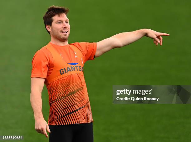 Toby Greene of the Giants calls for the ball during a GWS Giants AFL training session at North Port Oval on August 23, 2021 in Melbourne, Australia.