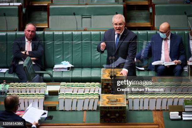 Australian Prime Minister Scott Morrison during Question Time in the House of Representatives at Parliament House on August 23, 2021 in Canberra,...