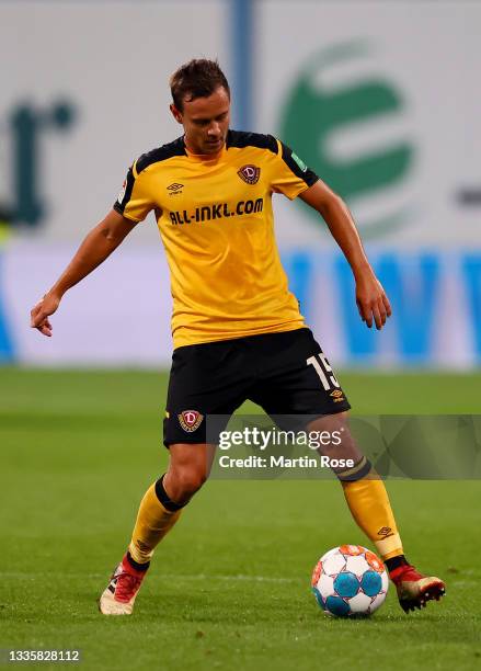 Chris Löwe of SG Dynamo Dresden controls the ball during the Second Bundesliga match between FC Hansa Rostock and SG Dynamo Dresden at Ostseestadion...