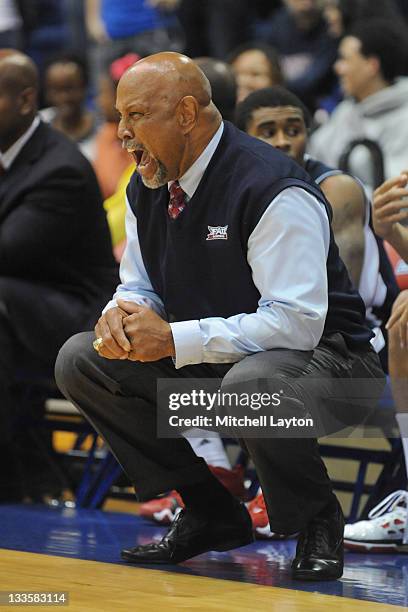 Head coach Mike Jarvis of the Florida Atlantic Owls looks on during a college basketball game against the American Eagles at the Bender Arena on...