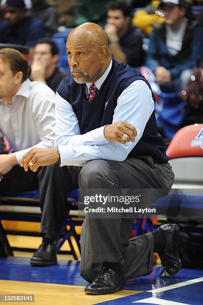 Head coach Mike Jarvis of the Florida Atlantic Owls looks on during a college basketball game against the American Eagles at the Bender Arena on...