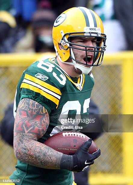 Tom Crabtree of the Green Bay Packers celebrates his catch for a touchdown in the second quarter against the Tampa Bay Buccaneers on November 20,2011...