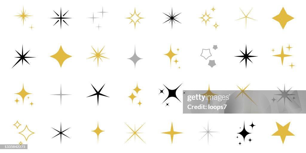 Conjunto de iconos de destellos y estrellas sobre fondo blanco