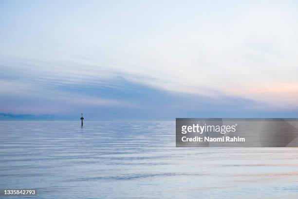 serene pastel blue seascape with wispy clouds on horizon at dusk - 巻雲 ストックフォトと画像