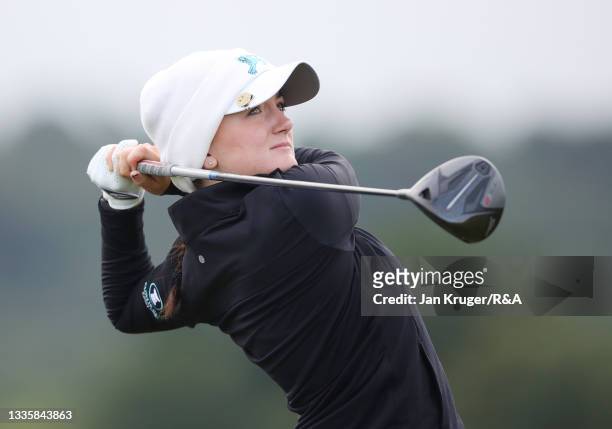 Charlotte Heath of Team Great Britain and Ireland hits their tee shot on the second hole during a practice round ahead of the Curtis Cup at Conwy...
