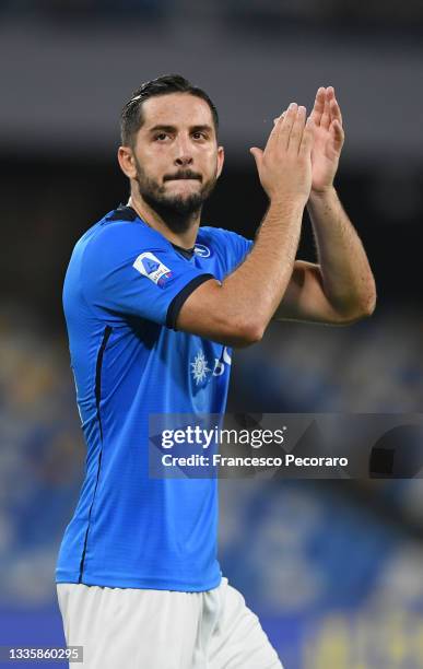 Konstantinos Manolas of SSC Napoli during the Serie A match between SSC Napoli v Venezia FC at Stadio Diego Armando Maradona on August 22, 2021 in...