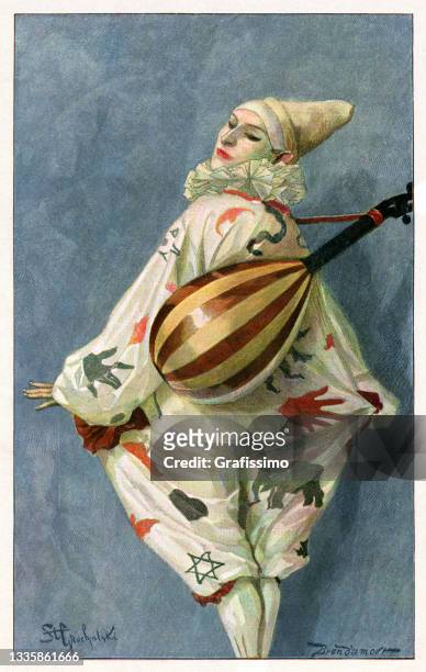 pierrot with instrument painting 1897 - clown stock illustrations